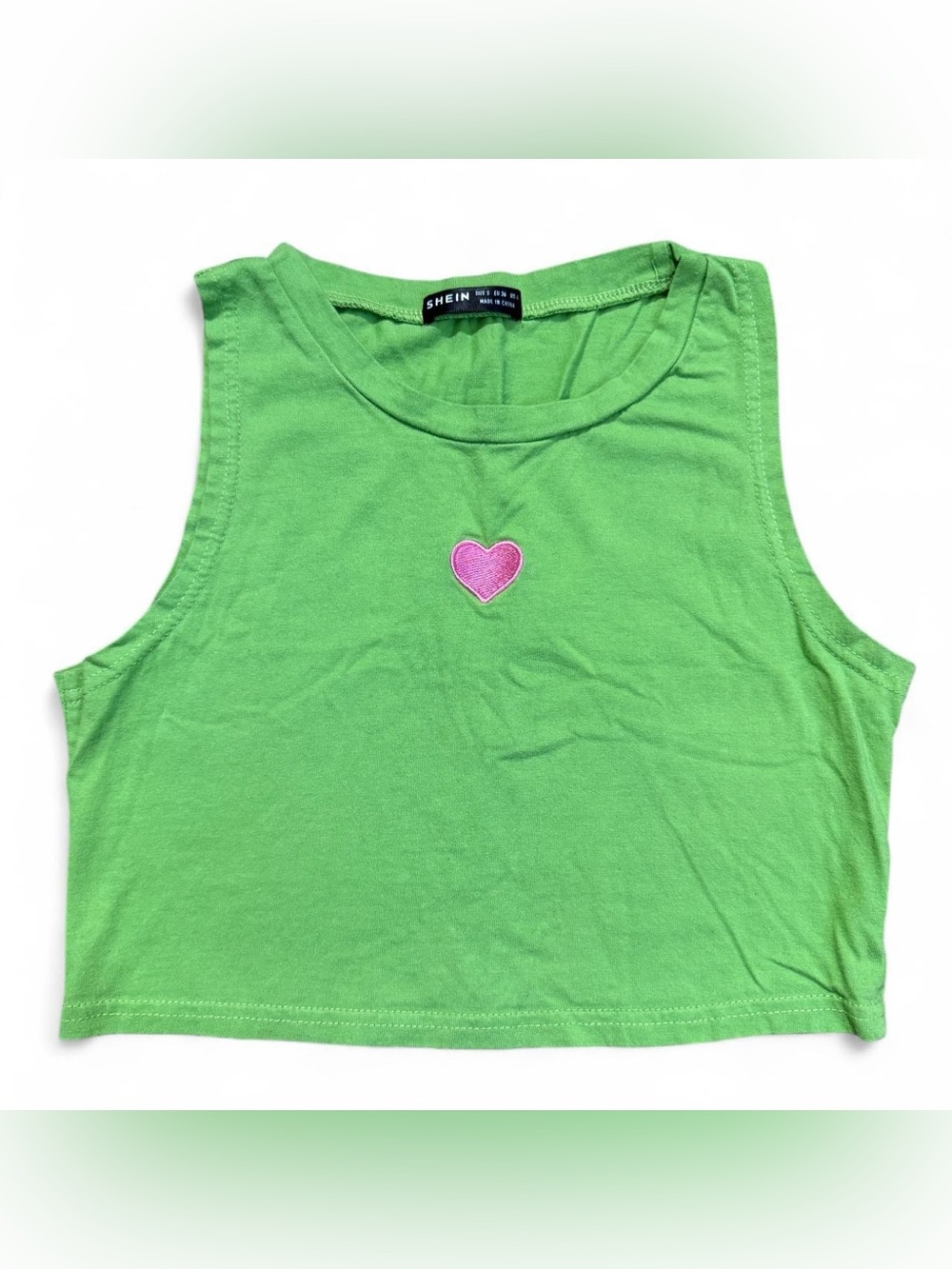 SHEIN Green Crop Tank with Pink Heart Size S